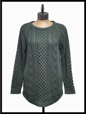 LL Bean Signature Fisherman 100% Cotton Cableknit Sweater Forest Green Medium